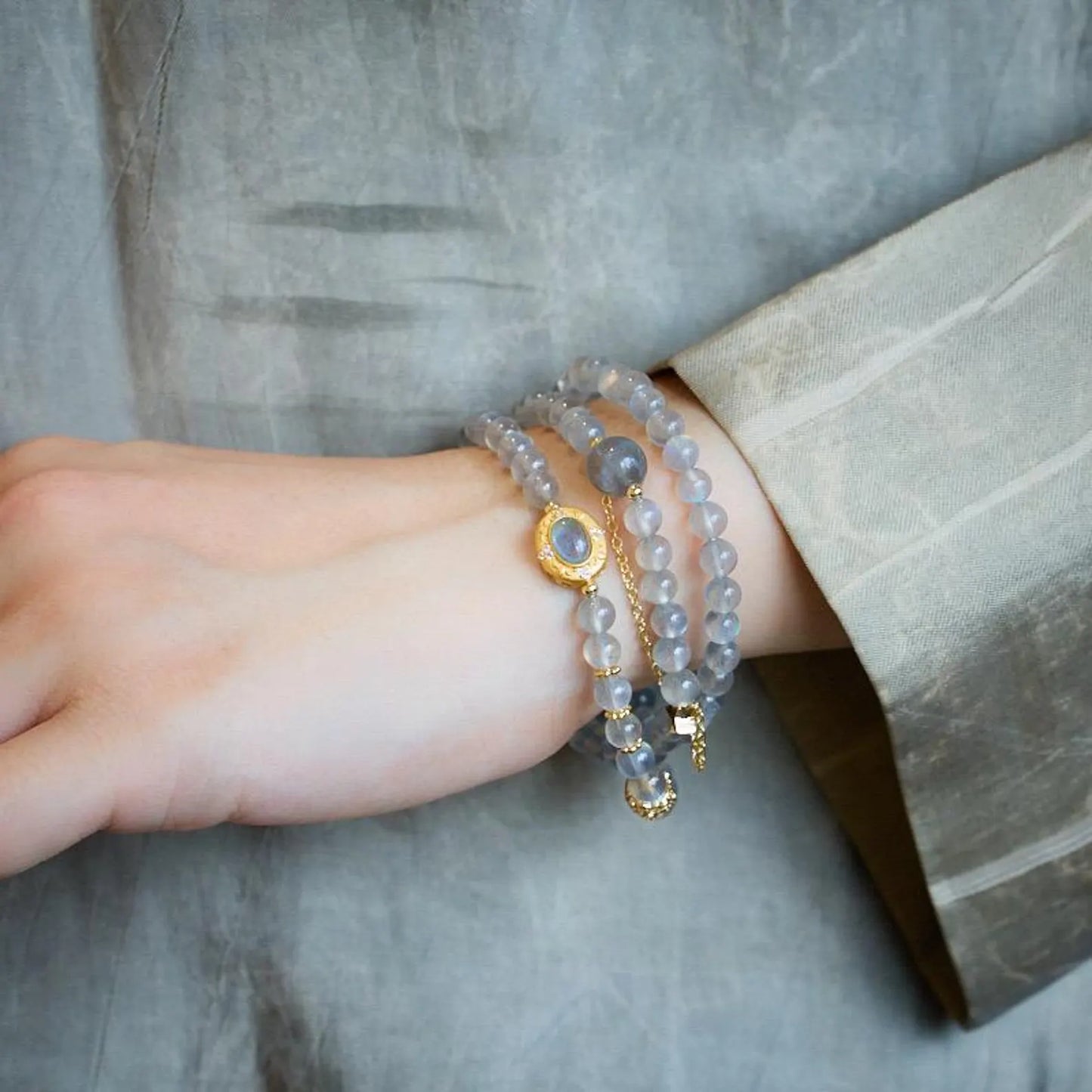 Gray Moonstone Triple Wrap Bracelet
