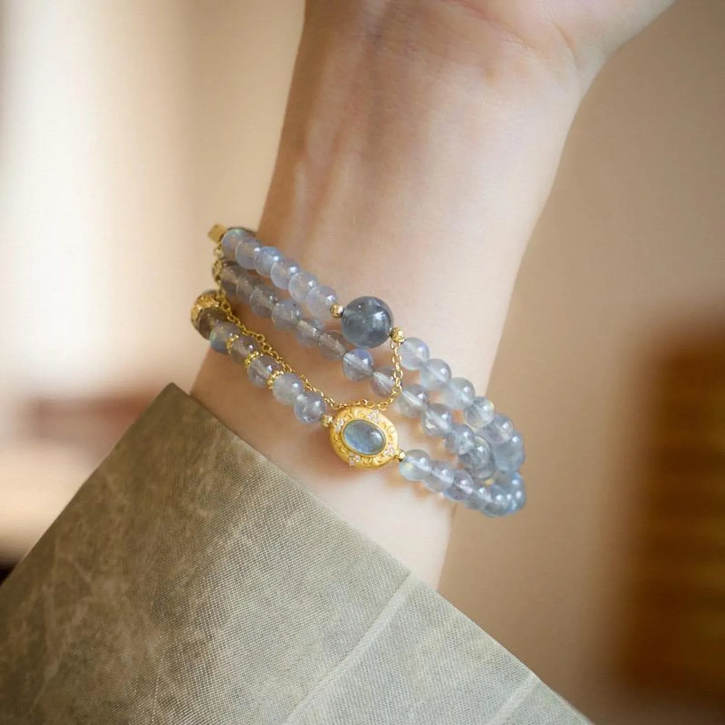 Gray Moonstone Triple Wrap Bracelet